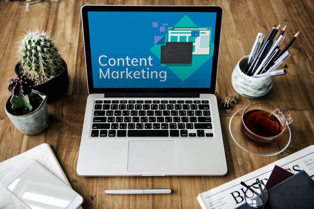 Laptop screen with Content Marketing Written on it 
